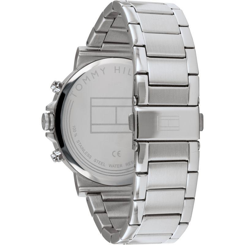 Tommy Hilfiger men's watch side view showing stainless steel bracelet and chronograph case