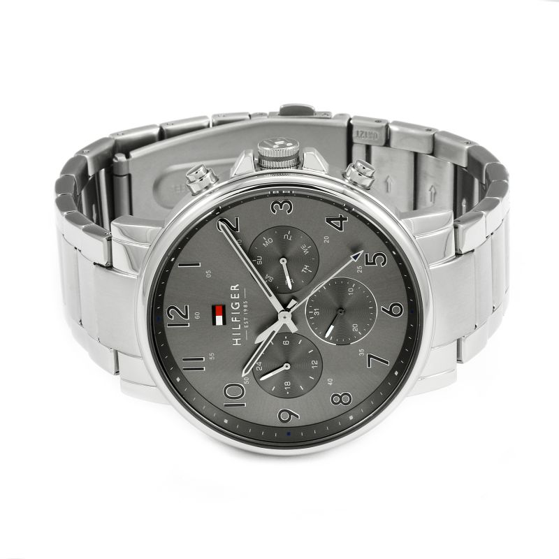 Tommy Hilfiger chronograph watch angled view with black dial and stainless steel band