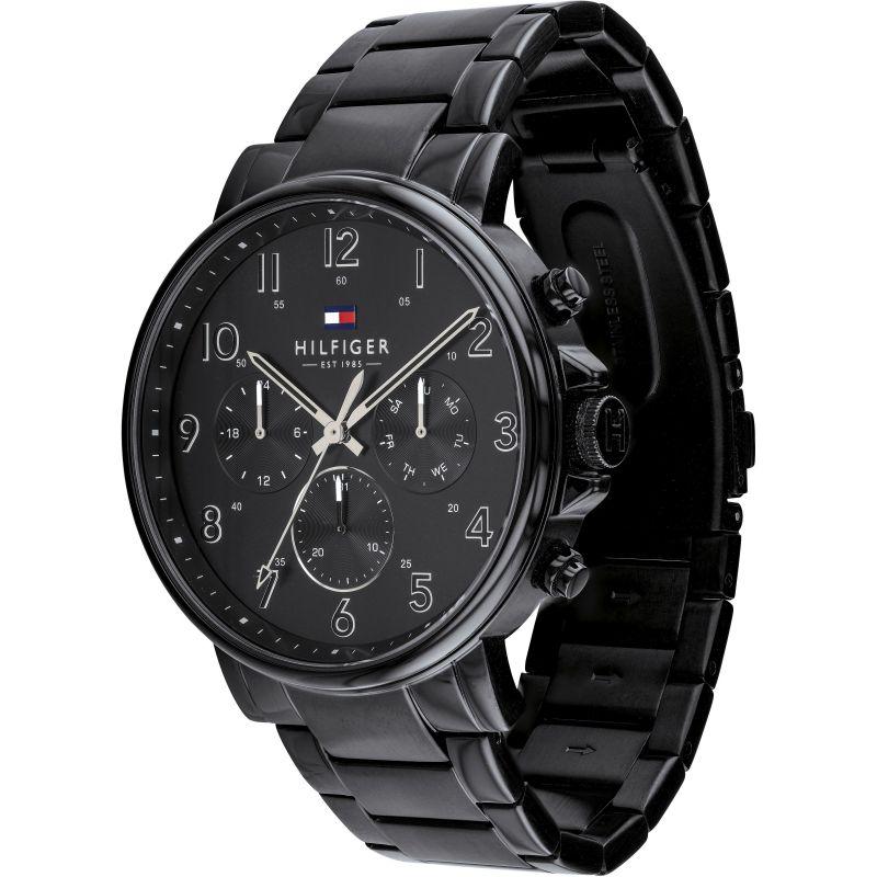 Tommy Hilfiger chronograph watch displayed at an angle with black steel band