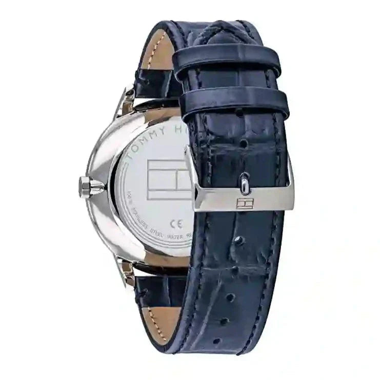 Tommy Hilfiger 1710387 watch caseback showing silver case back and leather strap attachment