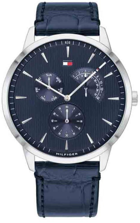 Tommy Hilfiger 1710387 men's watch with blue dial, chronograph subdials, silver case, and navy leather strap