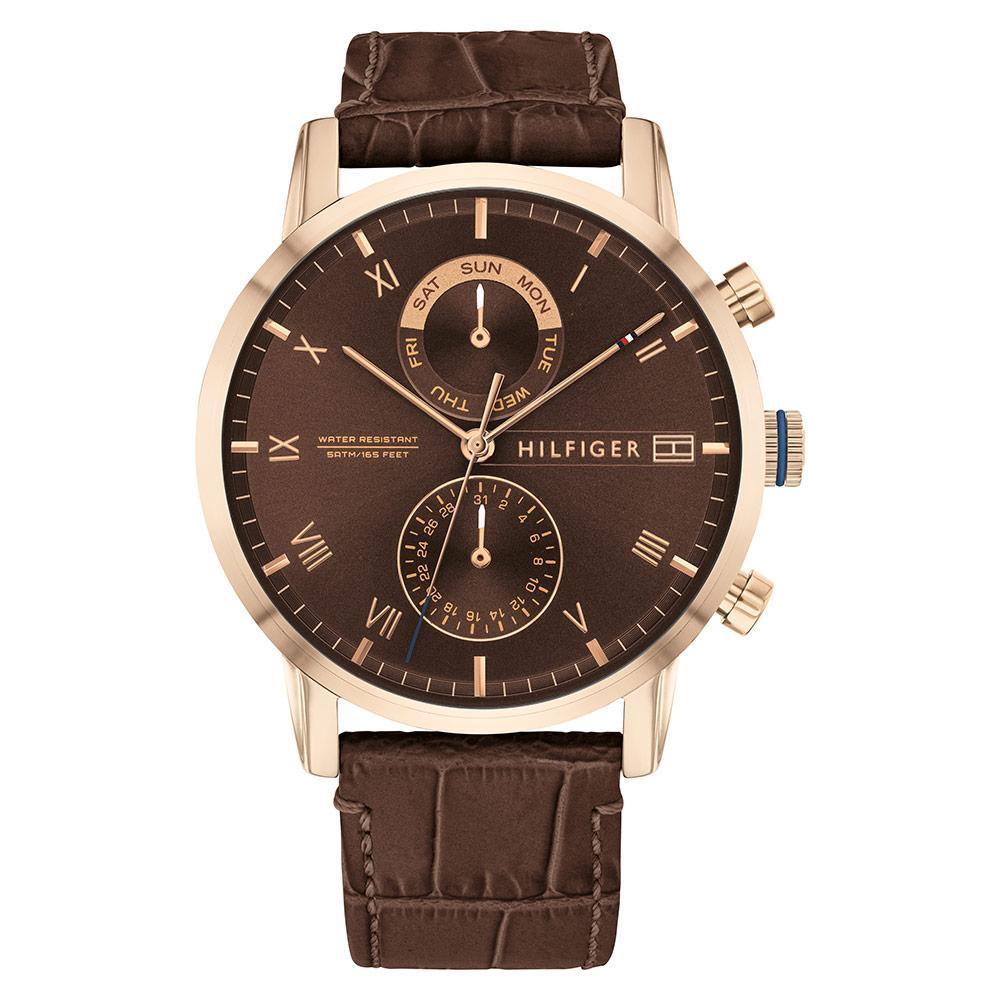 Tommy Hilfiger multi-function brown dial chronograph watch with rose gold case and brown leather strap