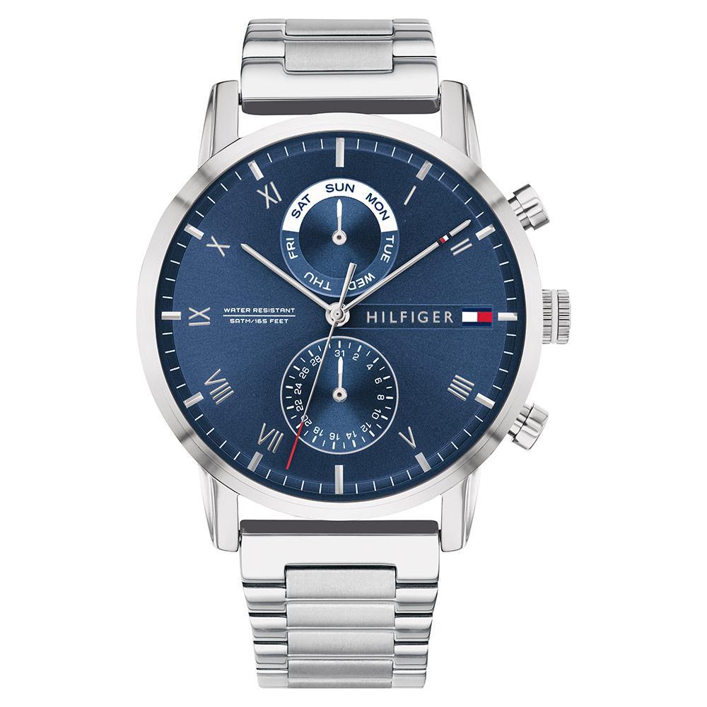 Tommy Hilfiger multi-function steel men's watch with navy blue dial, chronograph subdials, and stainless steel bracelet