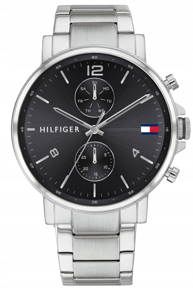 Tommy Hilfiger chronograph watch with black dial and silver stainless steel bracelet, front view