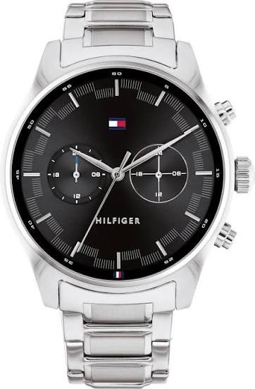 Tommy Hilfiger stainless steel men's watch with black dial and chronograph subdials, front view