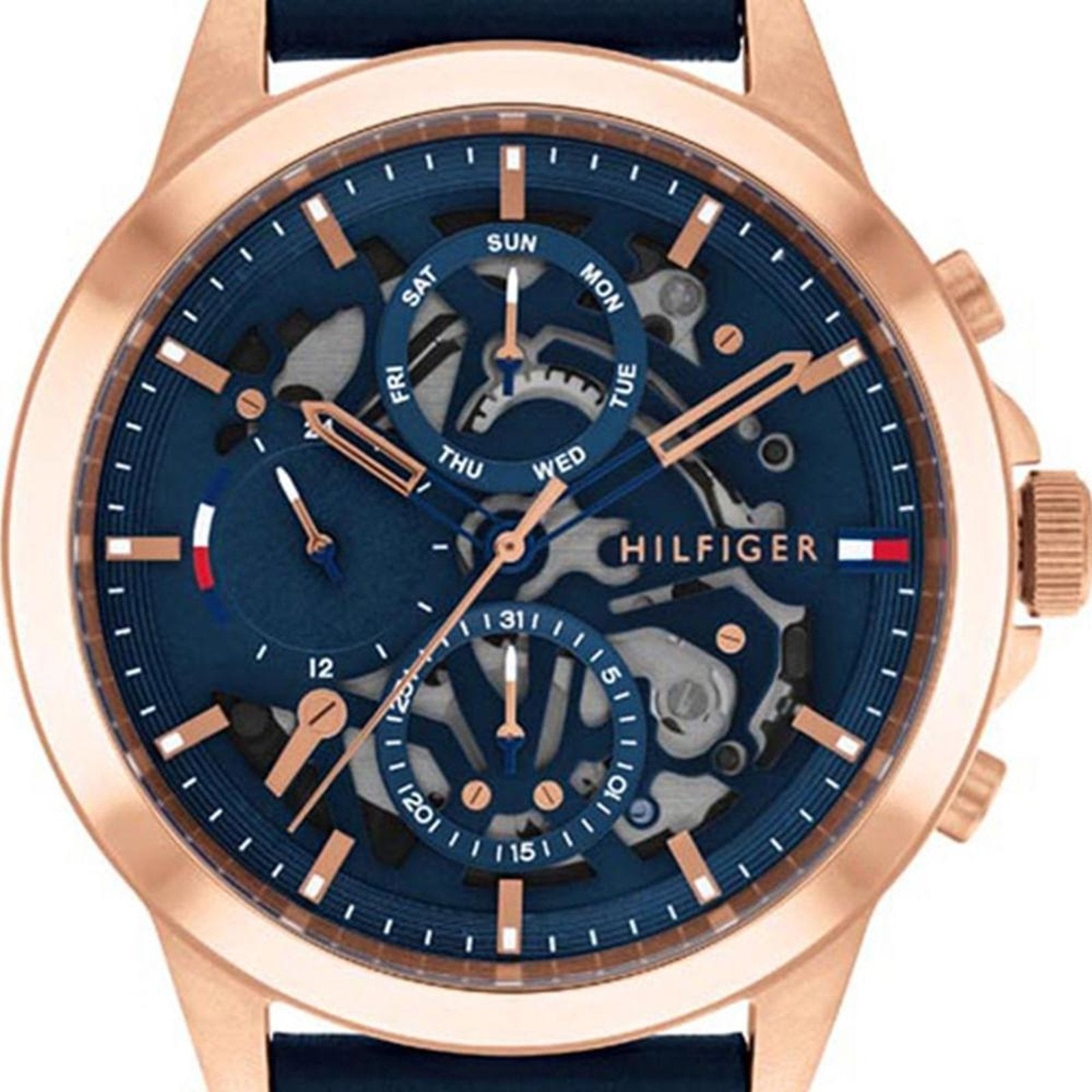 Close-up of dial showing skeleton movement, day-date window, and rose gold chronograph hands