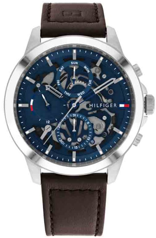 Tommy Hilfiger multifunction watch with stainless steel case and brown leather strap