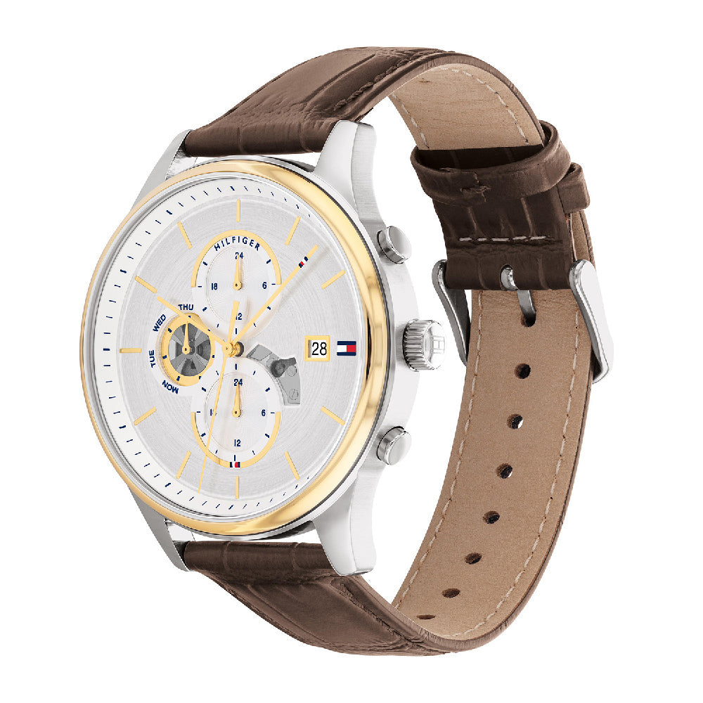 Tommy Hilfiger 1710501 watch angled view showing silver dial and brown leather strap detail