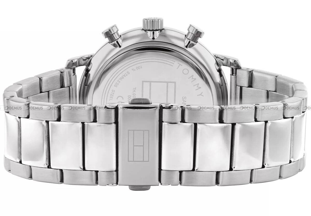 Tommy Hilfiger Legend watch back case showing silver steel bracelet and case back engraving