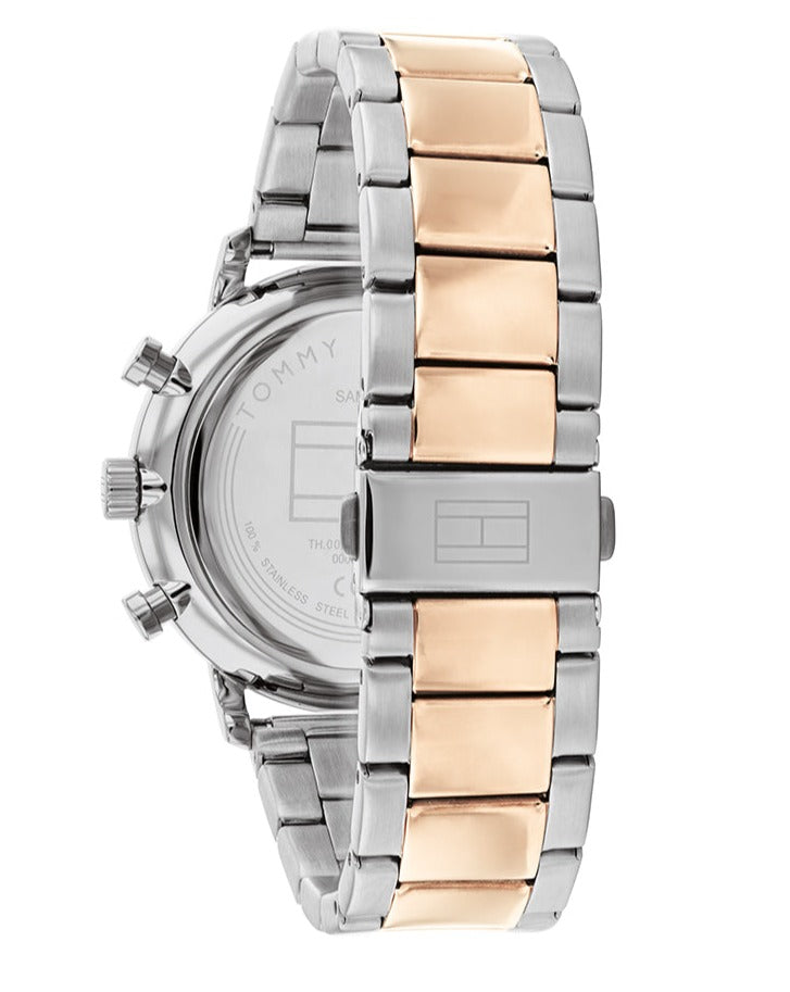 Tommy Hilfiger Legend watch caseback showing two-tone stainless steel bracelet construction