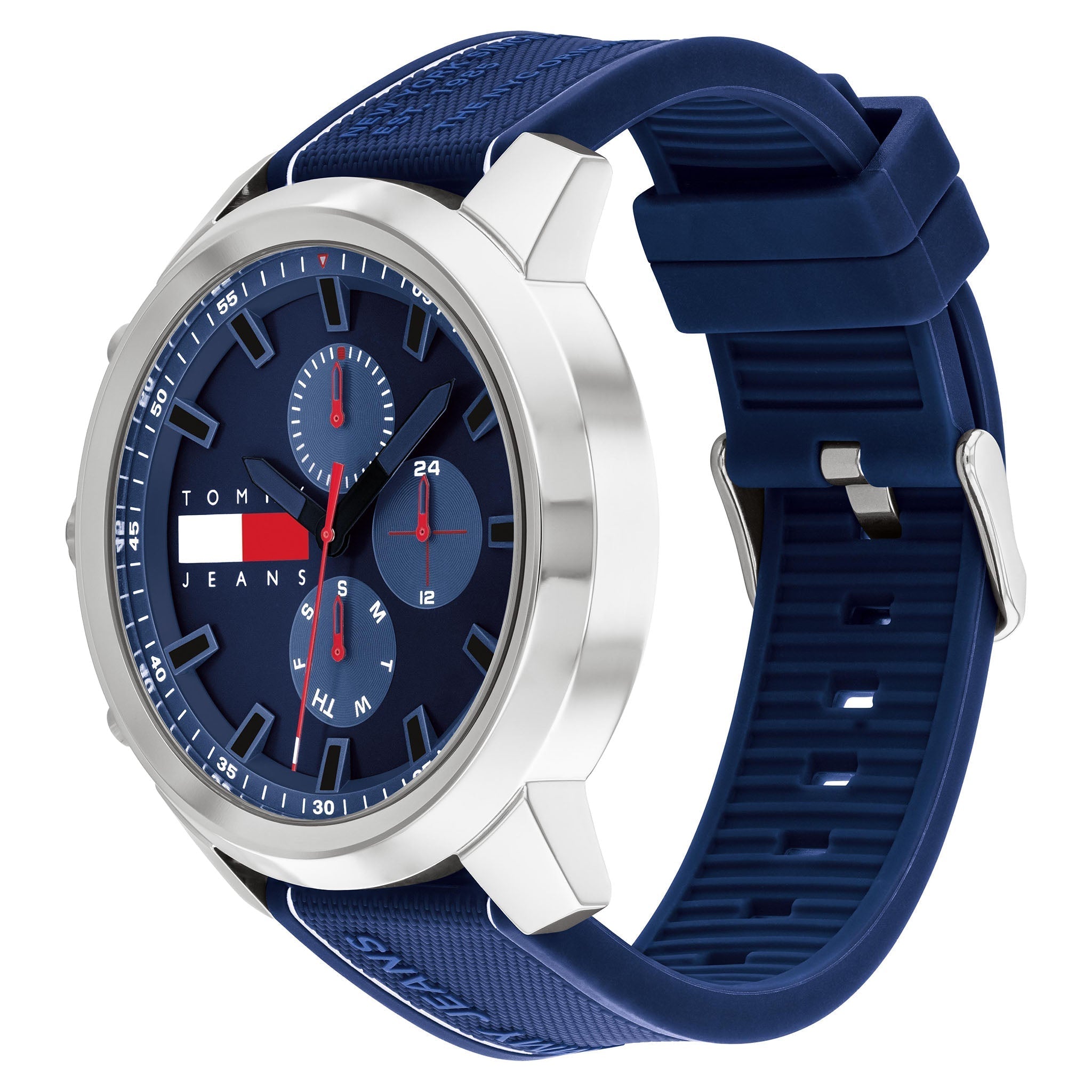 Tommy Hilfiger 1710582 chronograph watch displaying blue dial and navy silicone strap at angle