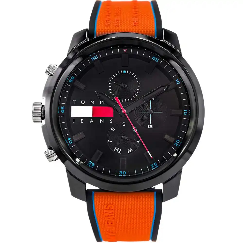 Tommy Hilfiger men's watch with black dial, orange silicone strap, chronograph subdials and blue indices