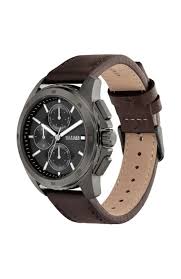 Tommy Hilfiger 1710623 quartz chronograph watch angled view showing grey dial and brown strap