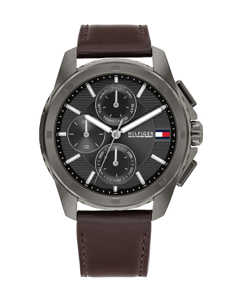 Tommy Hilfiger 1710623 multifunction chronograph watch front view with grey dial and brown leather strap