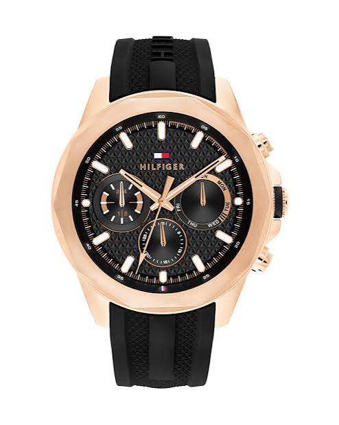 Tommy Hilfiger round black dial chronograph men's watch with rose gold case