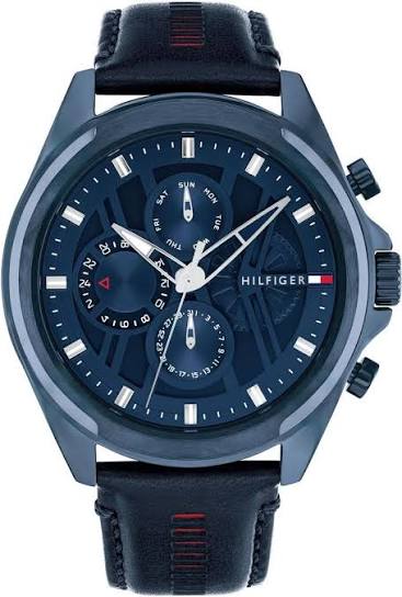 Tommy Hilfiger navy chronograph watch with multi-function dial and navy leather strap