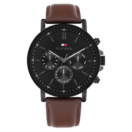 Tommy Hilfiger chronograph men's watch with black dial and dark brown leather strap