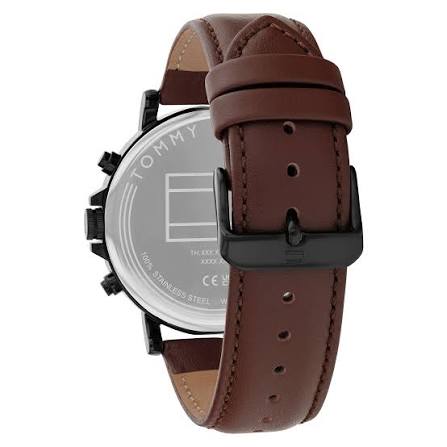 Side view of Tommy Hilfiger chronograph watch showing dark brown leather strap and case