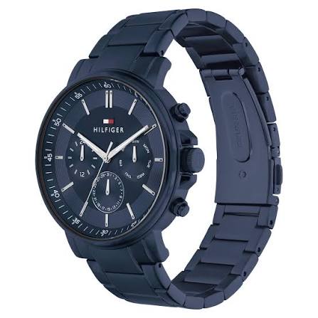 Angled view of Tommy Hilfiger steel blue chronograph watch with bracelet detail