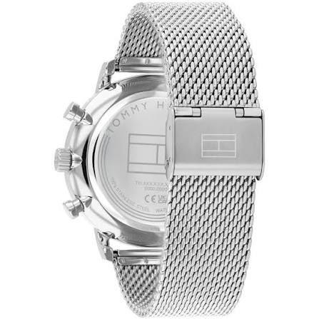 Tommy Hilfiger watch caseback showing stainless steel mesh strap attachment