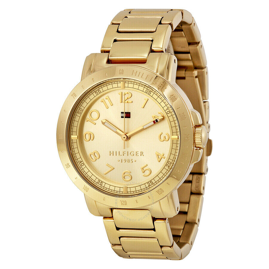 Tommy Hilfiger 1781395 three-quarter view showing gold bracelet and cream dial face