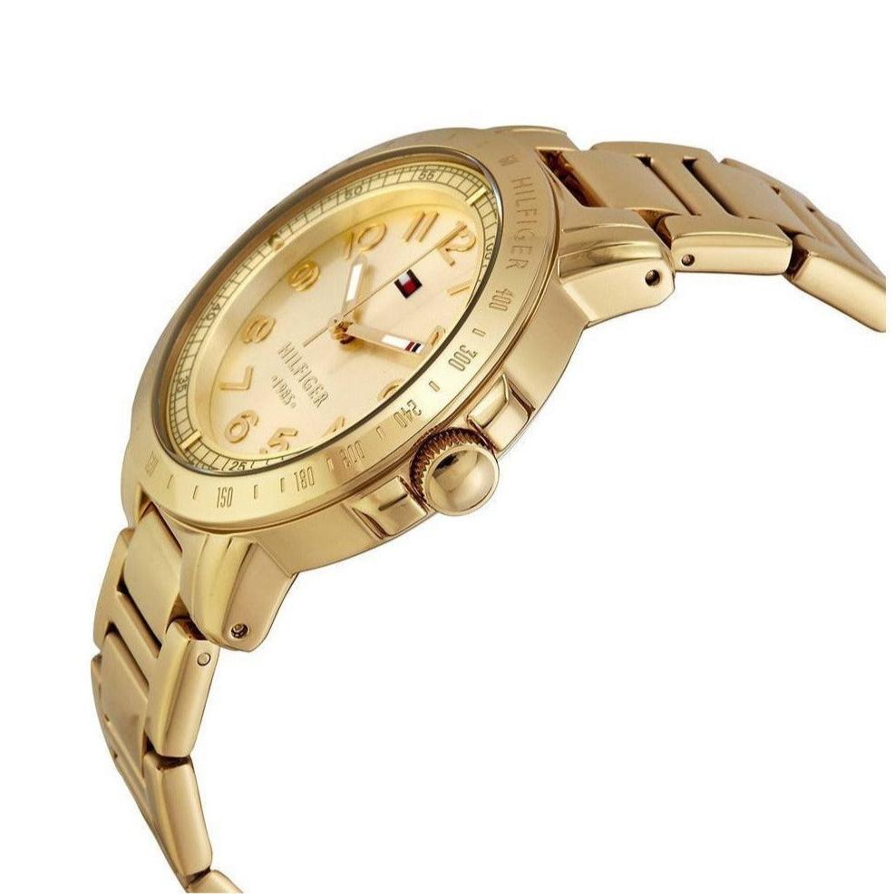 Tommy Hilfiger 1781395 side profile showing watch case and gold link bracelet