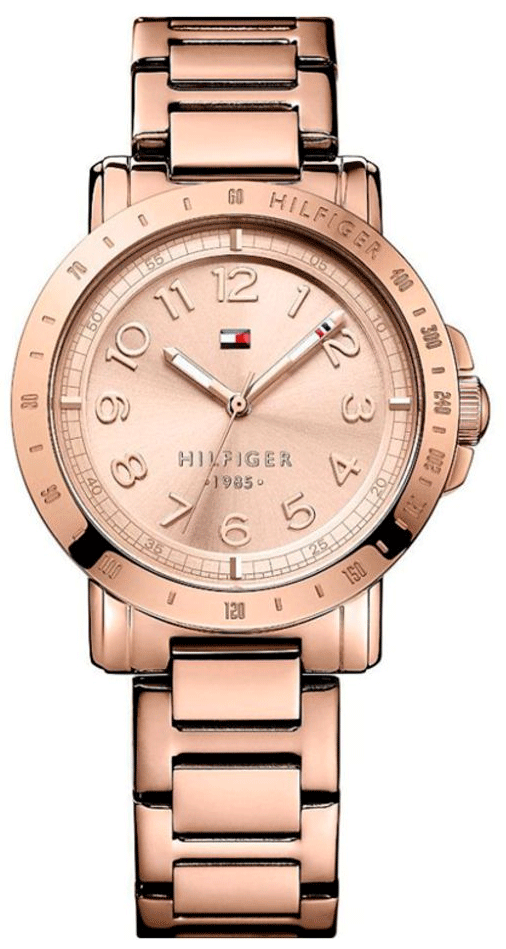 Tommy Hilfiger rose gold stainless-steel women's watch with rose gold bracelet strap, front view