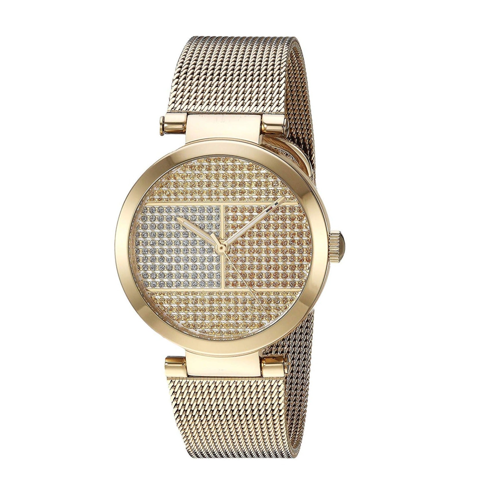 Tommy Hilfiger women's watch angle view with mesh bracelet and crystal dial