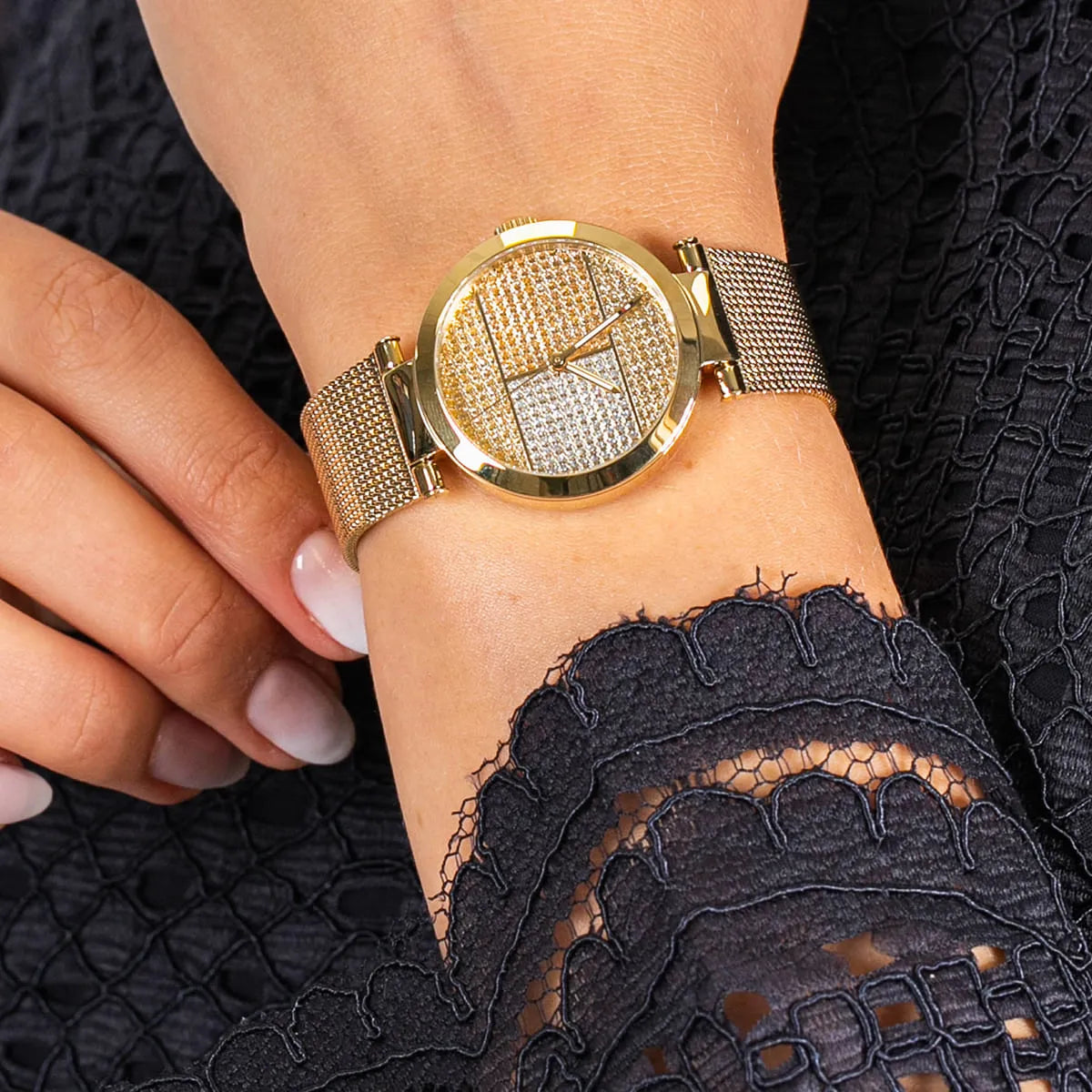 Tommy Hilfiger 32mm women's watch on wrist with mesh bracelet