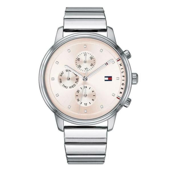 Tommy Hilfiger casual women's chronograph watch with cream dial, steel bracelet, and subdials