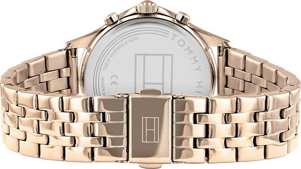 Rear view of Tommy Hilfiger Whitney chronograph showing case back design and bracelet clasp