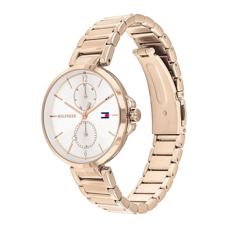Side profile of Tommy Hilfiger women's chronograph watch with stainless steel links