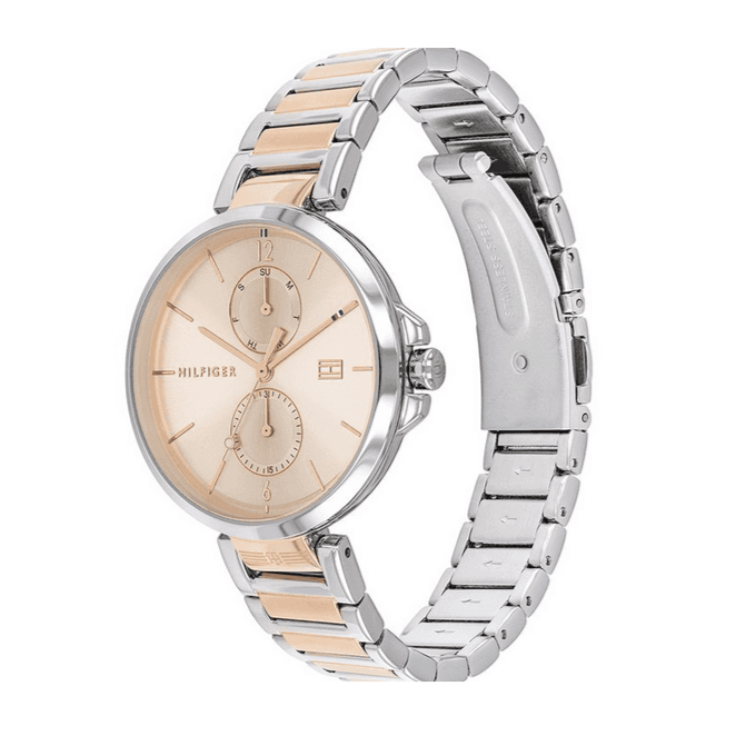Tommy Hilfiger ladies watch side profile showing two-tone stainless steel bracelet