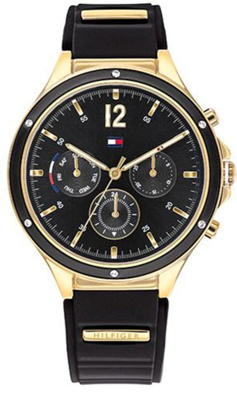 Tommy Hilfiger Sport women's watch with gold case, black dial, and black rubber strap