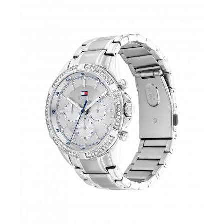 Side angle view of silver chronograph watch with stainless steel bracelet