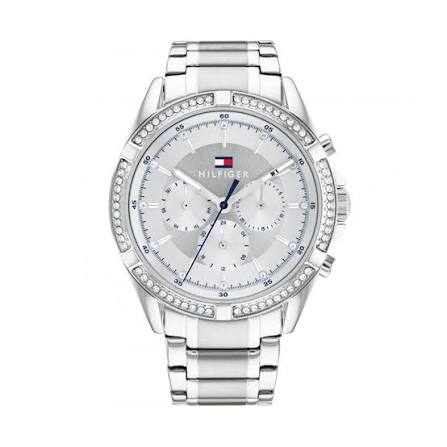 Tommy Hilfiger 40mm silver ladies watch with crystal bezel and chronograph subdials