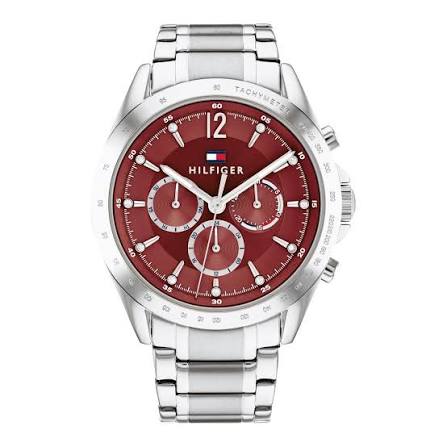 Tommy Hilfiger women's quartz watch with burgundy chronograph dial and stainless steel strap