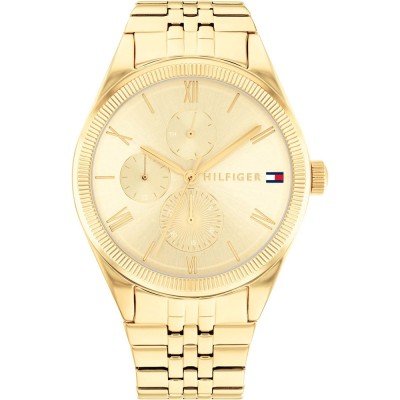 Tommy Hilfiger gold women's watch with round dial, Roman numerals, and chronograph subdials