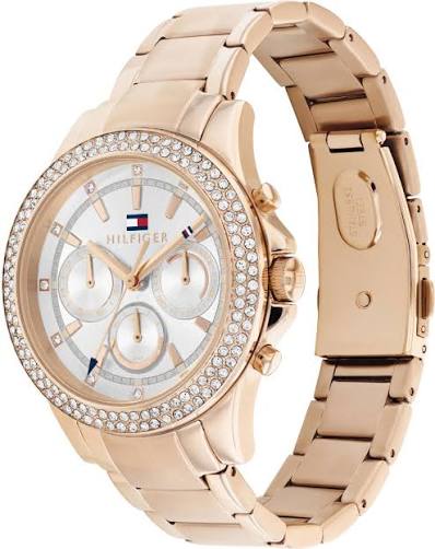 Side angle view of rose gold chronograph watch with matching bracelet and crystal-set bezel