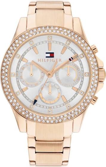 Tommy Hilfiger rose gold women's chronograph watch with white dial and crystal bezel