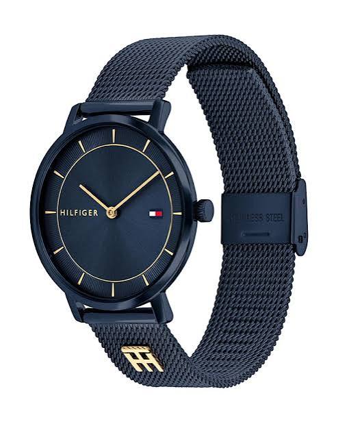 Tommy Hilfiger blue watch angled view showing navy mesh strap