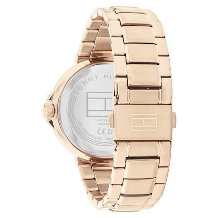 Tommy Hilfiger watch caseback showing gold steel bracelet and case details