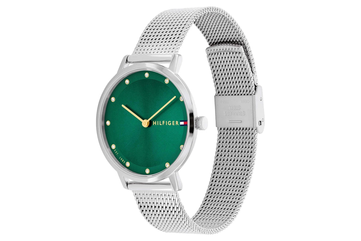 Side view of Tommy Hilfiger women's watch with green dial and silver mesh band