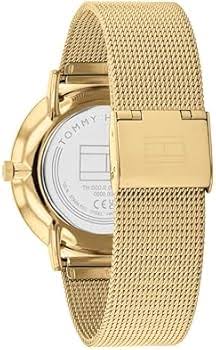 Caseback of Tommy Hilfiger watch showing stainless steel mesh strap fastening