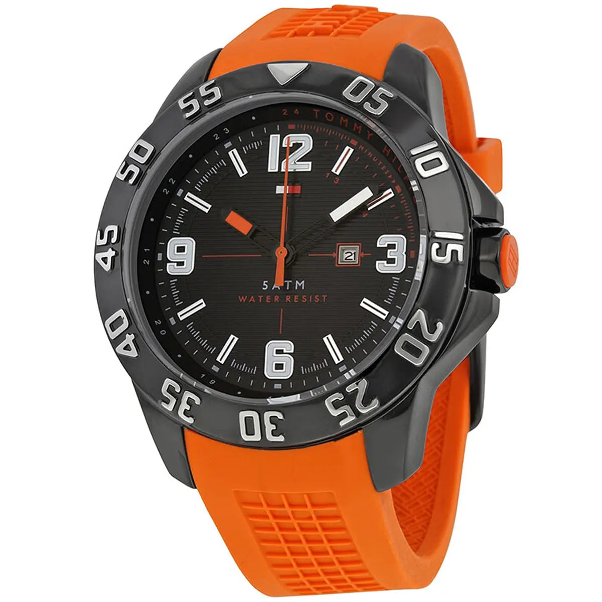 Tommy Hilfiger men's watch featuring black dial with date window and orange rubber strap