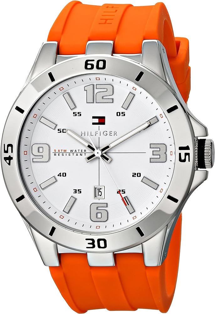 Side angle view of Tommy Hilfiger analog watch with white dial and orange strap