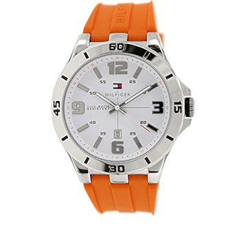 Three-quarter view of Tommy Hilfiger watch with white dial and orange rubber strap