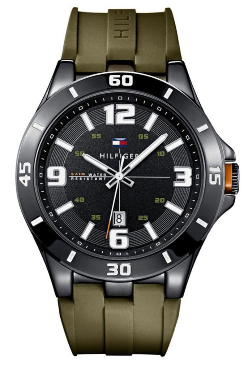 Tommy Hilfiger men's watch with black dial, steel case, and olive green rubber strap