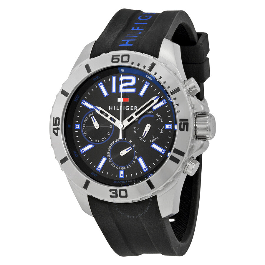 Tommy Hilfiger multifunction chronograph watch black dial silver case front view