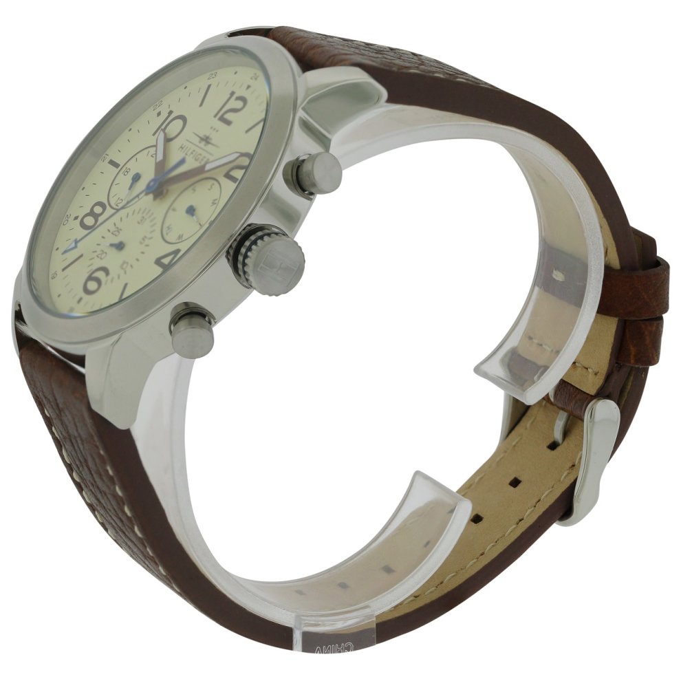 Tommy Hilfiger watch side view showing leather strap and case profile